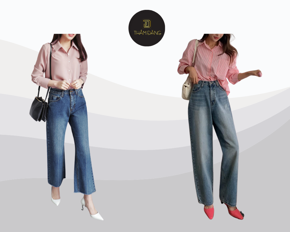 Set đồ áo sơ mi hồng vỏ đỗ và quần jeans xanh denim mang đến sự kết hợp hoàn hảo giữa năng động và dịu dàng.