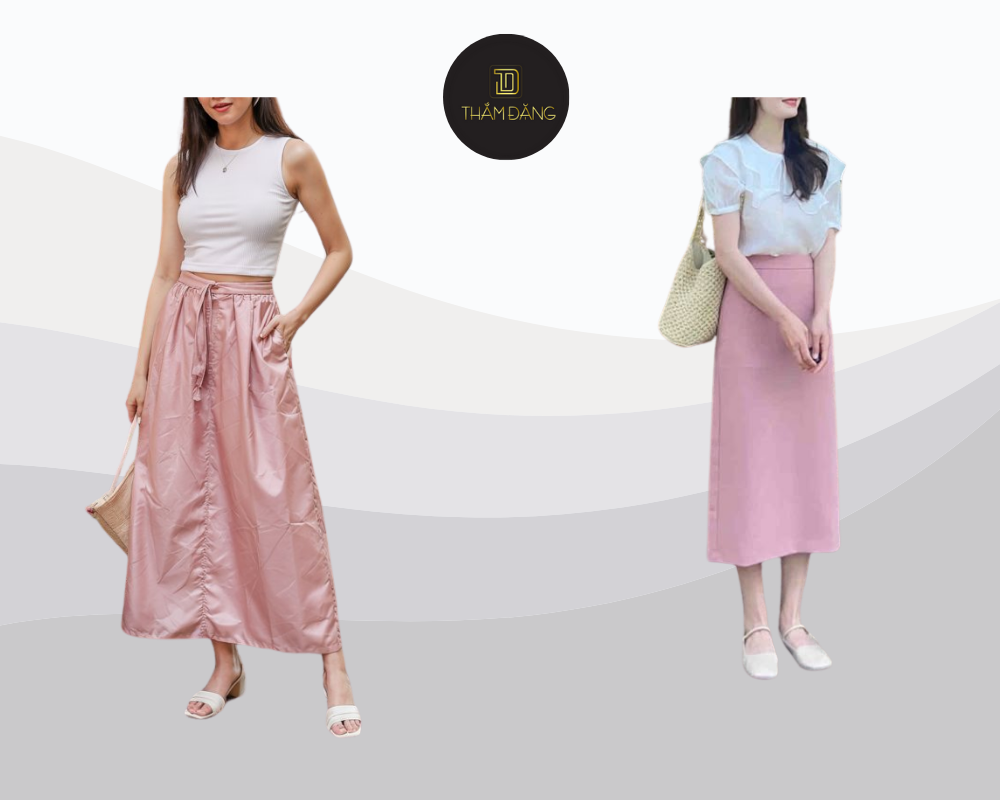 Set đồ tươi sáng với chân váy hồng vỏ đỗ và áo trắng basic mang lại vẻ đẹp thanh lịch, dễ phối và phù hợp cho nhiều dịp.