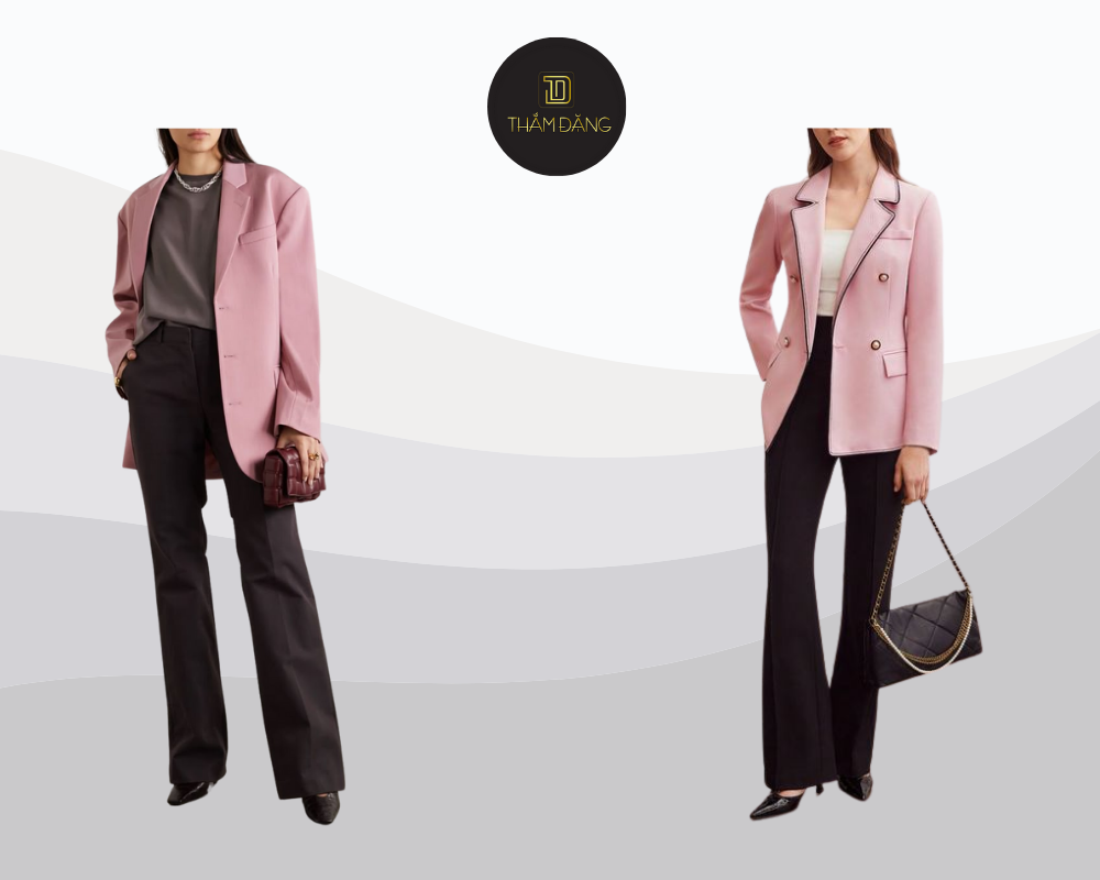 Set đồ công sở thanh lịch với blazer hồng và quần âu đen tạo nên vẻ ngoài vừa nổi bật vừa chuyên nghiệp.
