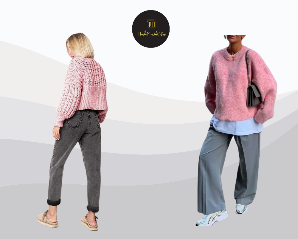 Set đồ áo len hồng vỏ đỗ và quần kaki xám mang đến vẻ đẹp ấm áp, tinh tế cho mùa thu đông.