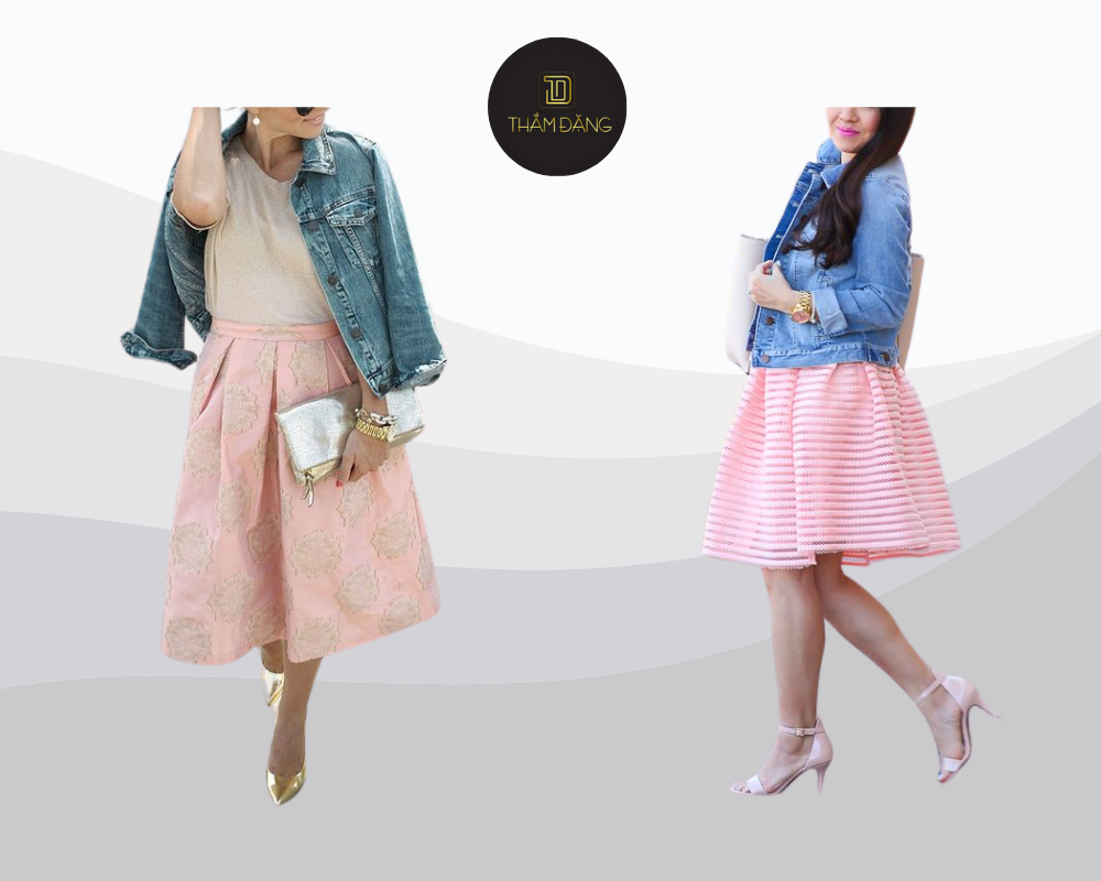Set đồ váy xòe hồng và áo khoác denim tạo nên phong cách trẻ trung, nữ tính nhưng không kém phần cá tính.