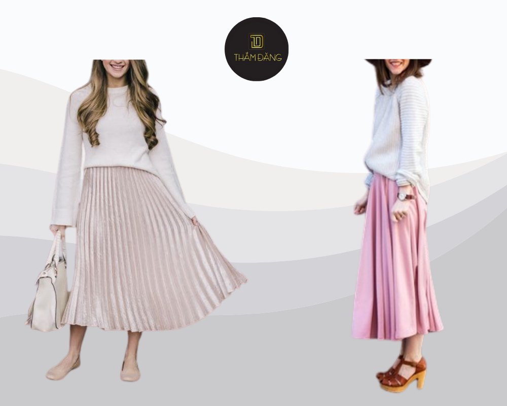 Set đồ thanh lịch với váy midi hồng vỏ đỗ và áo len mỏng trắng mang đến vẻ đẹp dịu dàng, tinh tế cho mọi dịp.