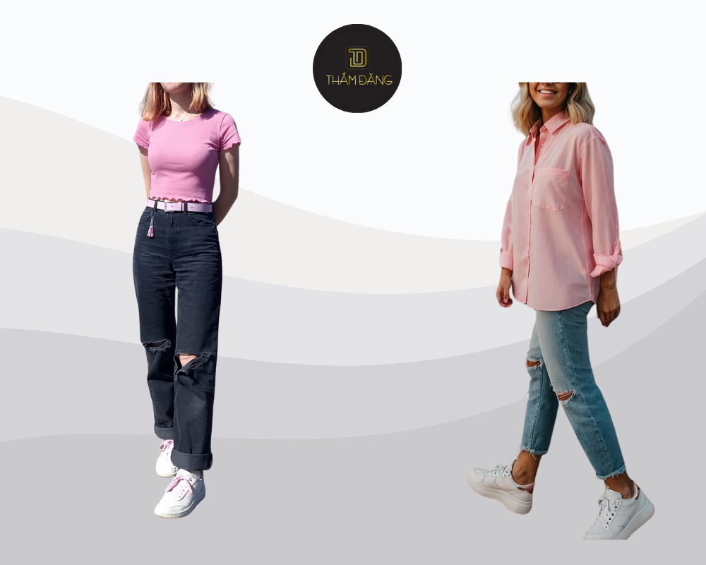 Set đồ cá tính với áo phông hồng nữ tính và quần jeans rách mạnh mẽ tạo nên sự kết hợp hoàn hảo giữa dịu dàng và phá cách.