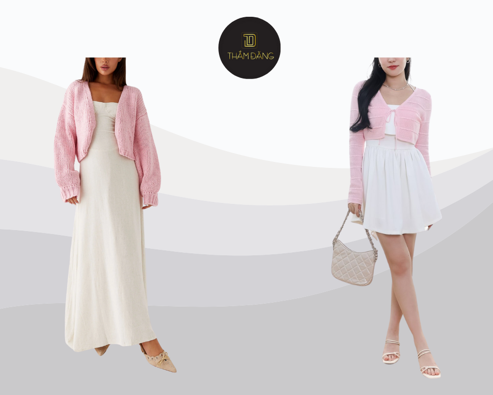 Set đồ áo cardigan hồng và váy liền thân trắng mang đến vẻ đẹp dịu dàng, thanh lịch và nữ tính đầy cuốn hút.
