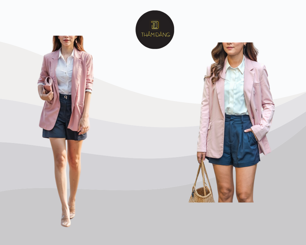 Set đồ blazer hồng vỏ đỗ và quần short xanh navy mang đến vẻ ngoài hiện đại, cá tính nhưng vẫn thanh lịch.