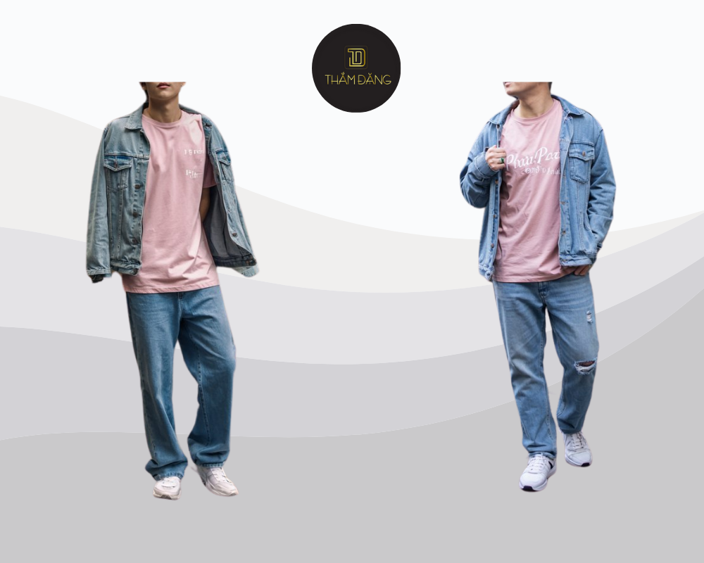 Set đồ streetwear hoàn hảo với áo thun hồng, áo khoác denim và quần jeans, tạo nên phong cách cá tính, năng động cho phái mạnh.
