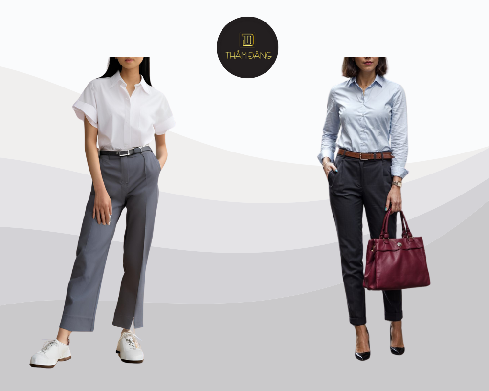 Phối đồ công sở với gam lạnh chủ đạo và phụ kiện màu nóng giúp cân bằng giữa sự chuyên nghiệp và cá tính riêng