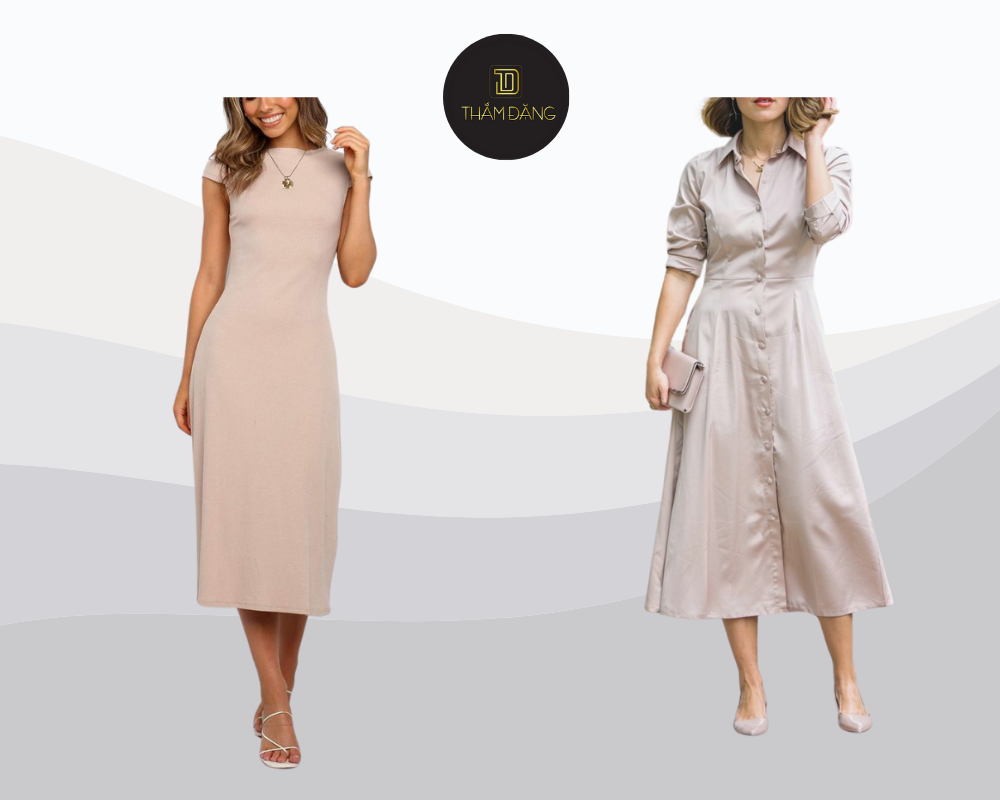 Váy midi nude kết hợp cùng phụ kiện tinh tế tạo nên vẻ ngoài thanh lịch và thoải mái cho những ngày dạo phố nhẹ nhàng.
