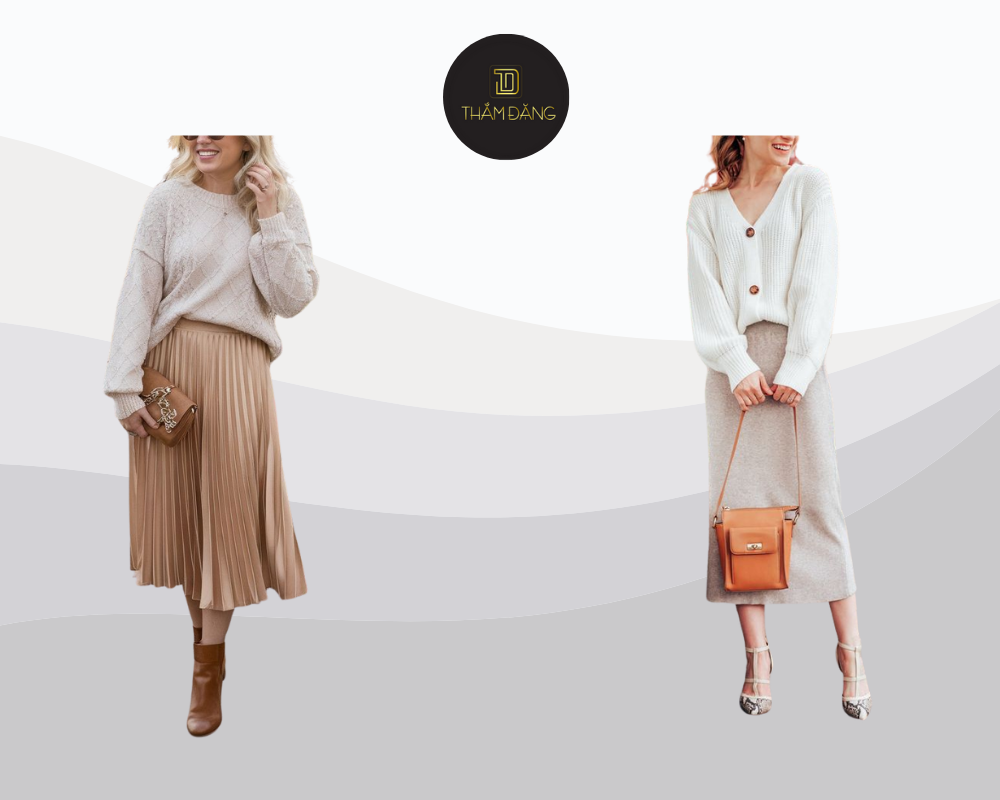 Set đồ chân váy midi và áo len oversize giúp nàng giữ ấm mà vẫn thật dịu dàng trong những ngày se lạnh.