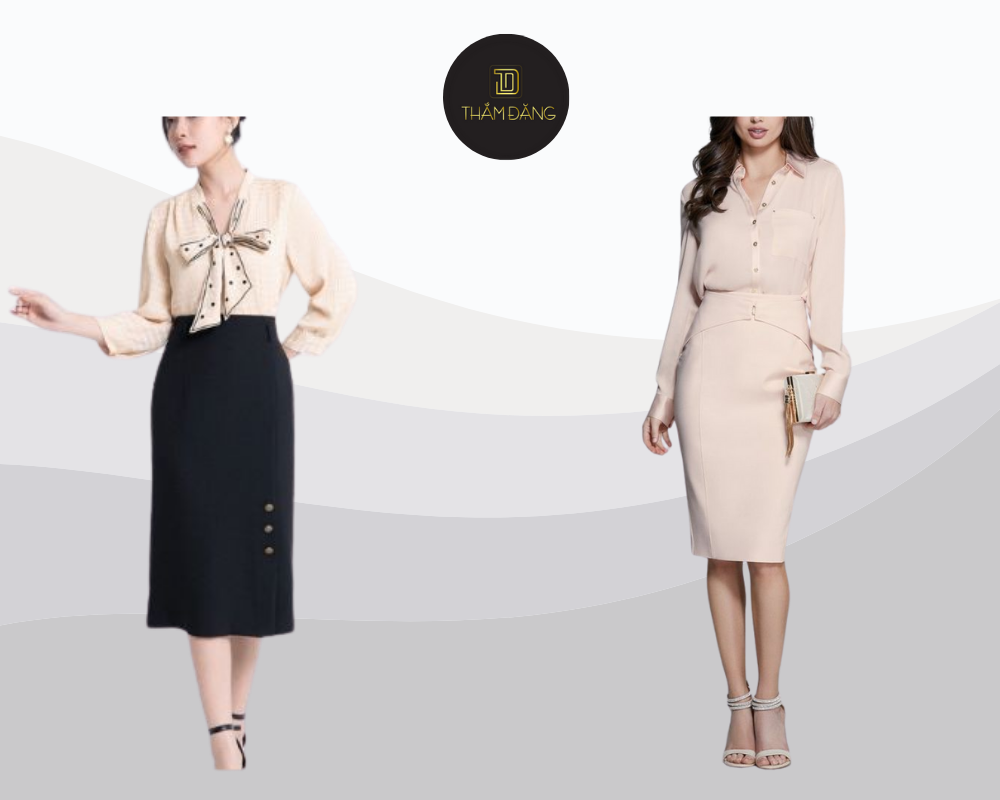 Set đồ nude kết hợp chân váy bút chì mang đến vẻ ngoài chuyên nghiệp, thanh lịch và đầy nữ tính.