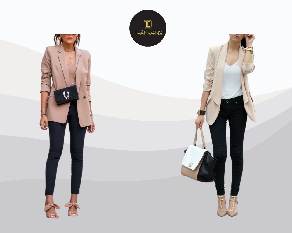 Bộ đôi áo blazer nude và quần skinny đen mang đến vẻ ngoài vừa chuyên nghiệp vừa thời thượng cho quý cô hiện đại.