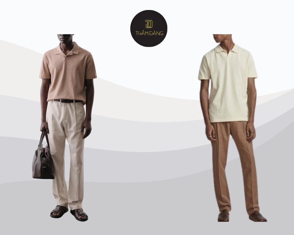 Set đồ áo polo nude và quần kaki nâu mang đến vẻ ngoài sang trọng, ấm áp và đầy nam tính.
