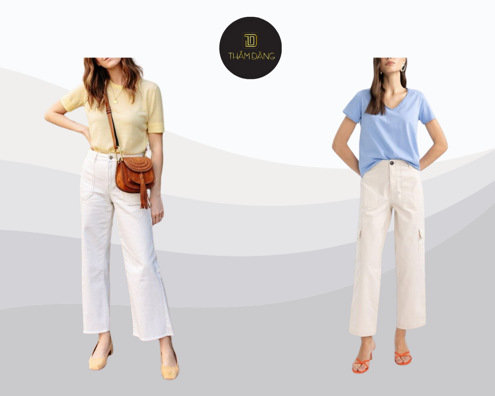 Trẻ trung và tươi mới với áo thun hồng pastel phối cùng jeans trắng thanh lịch, hoàn hảo cho ngày nắng ấm dạo phố hay hẹn cà phê cùng bạn bè.