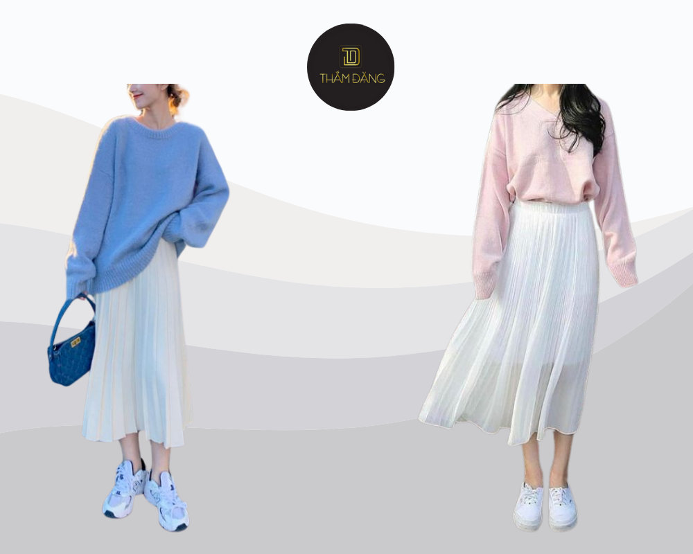 Nữ tính thanh lịch với áo len pastel và chân váy trắng tôn dáng hoàn hảo phối cùng phụ kiện tinh tế cho vẻ ngoài cuốn hút trong mọi dịp