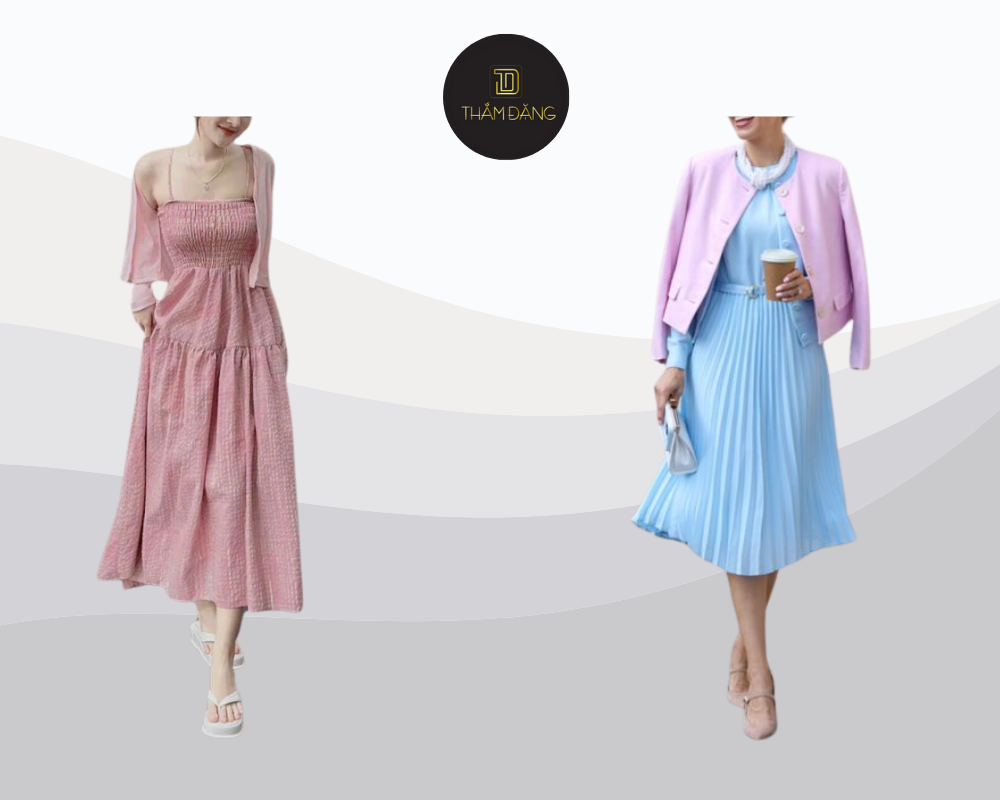 Thanh lịch và gợi cảm với đầm vàng pastel phối áo khoác mỏng, hoàn hảo cho những buổi dạo biển hay tiệc ngoài trời.