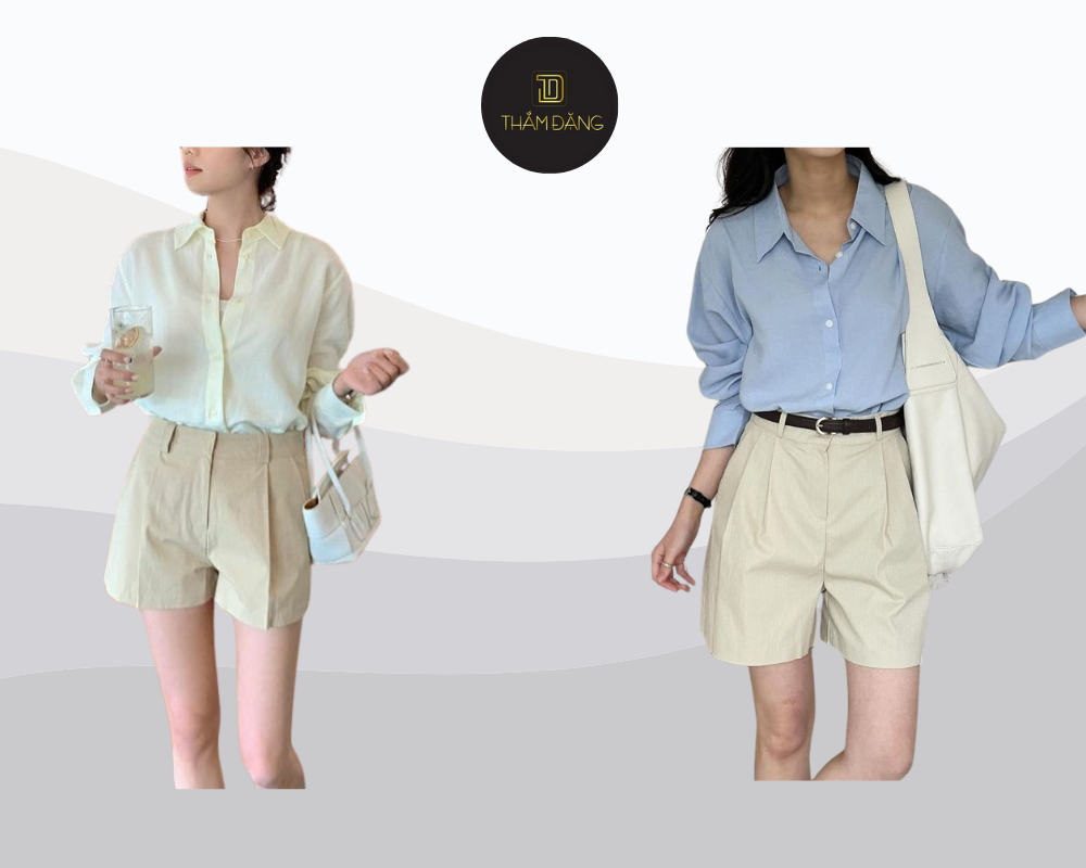 Năng động và trẻ trung với áo sơ mi vàng pastel oversize phối quần short kaki nhạt cùng phụ kiện ton-sur-ton cho ngày nắng thêm rực rỡ.