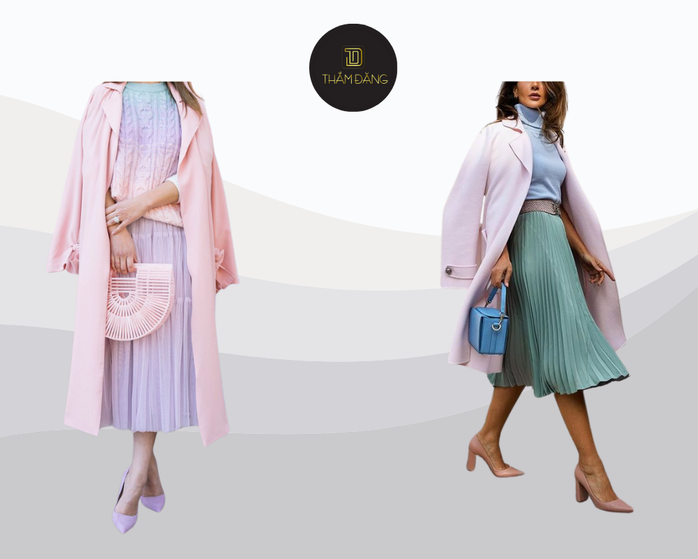 Áo khoác dạ xanh pastel phối váy vàng pastel tạo nên vẻ ngoài sang trọng và tinh tế. Set đồ hoàn hảo cho những dịp quan trọng, mang đến phong cách chuyên nghiệp và thời thượng.