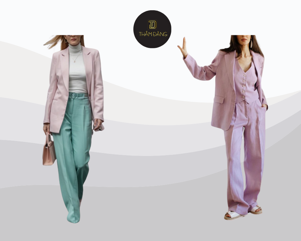 Set suit pastel đồng bộ tôn dáng, kết hợp với áo bra hoặc crop-top mang đến vẻ ngoài quyền lực, nữ tính và hiện đại, lý tưởng cho các sự kiện quan trọng.