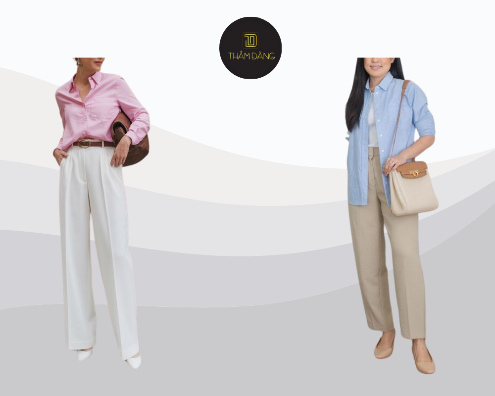 Áo xanh mint pastel kết hợp quần xám hoặc be mang đến vẻ thanh lịch, hiện đại, phù hợp cho môi trường chuyên nghiệp.