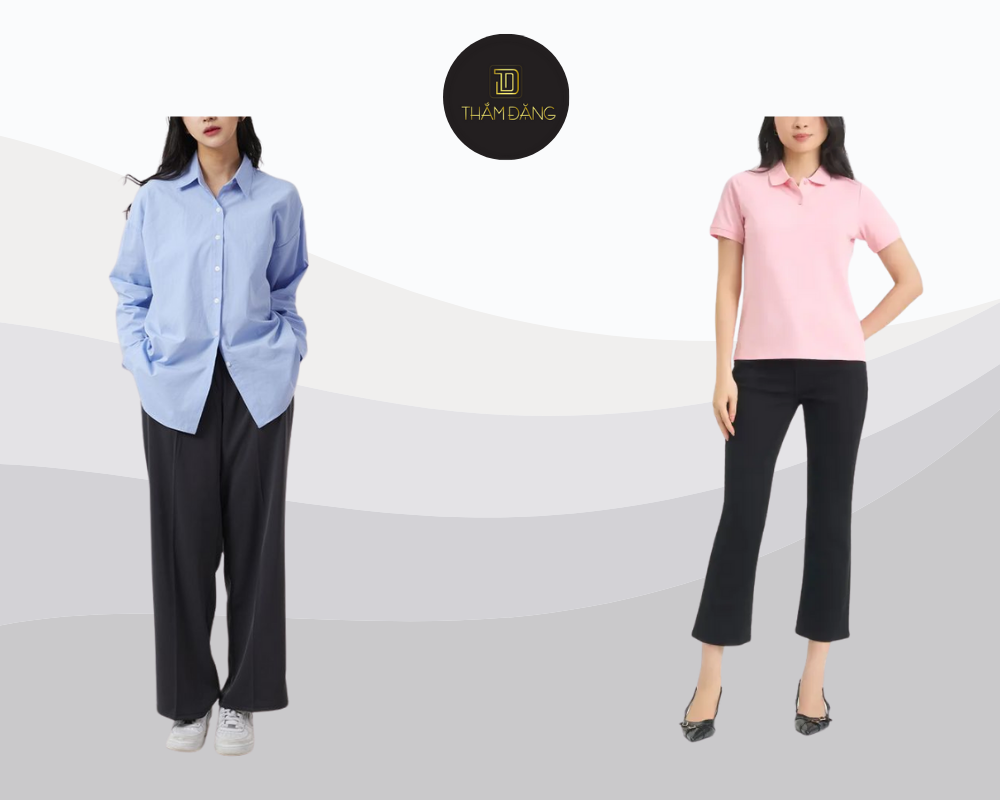 Set đồ áo sơ mi pastel và quần đen mang đến vẻ ngoài thanh lịch, hiện đại và dễ dàng ứng dụng trong nhiều hoàn cảnh.