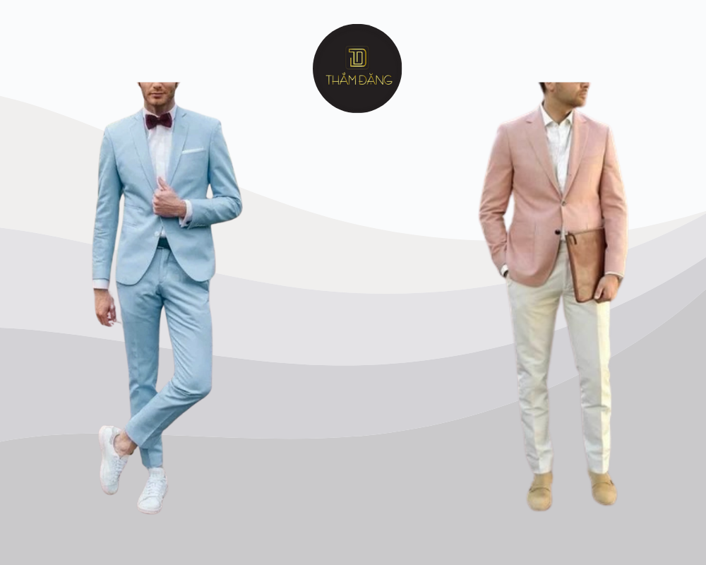 Trang phục suit pastel kết hợp với áo sơ mi trắng mang đến vẻ ngoài lịch lãm và thời thượng, hoàn hảo cho môi trường sáng tạo và các sự kiện quan trọng.