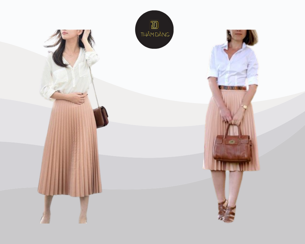 Chân váy xếp ly màu tan kết hợp sơ mi trắng mang đến vẻ ngoài thanh lịch nữ tính và đầy tinh tế.