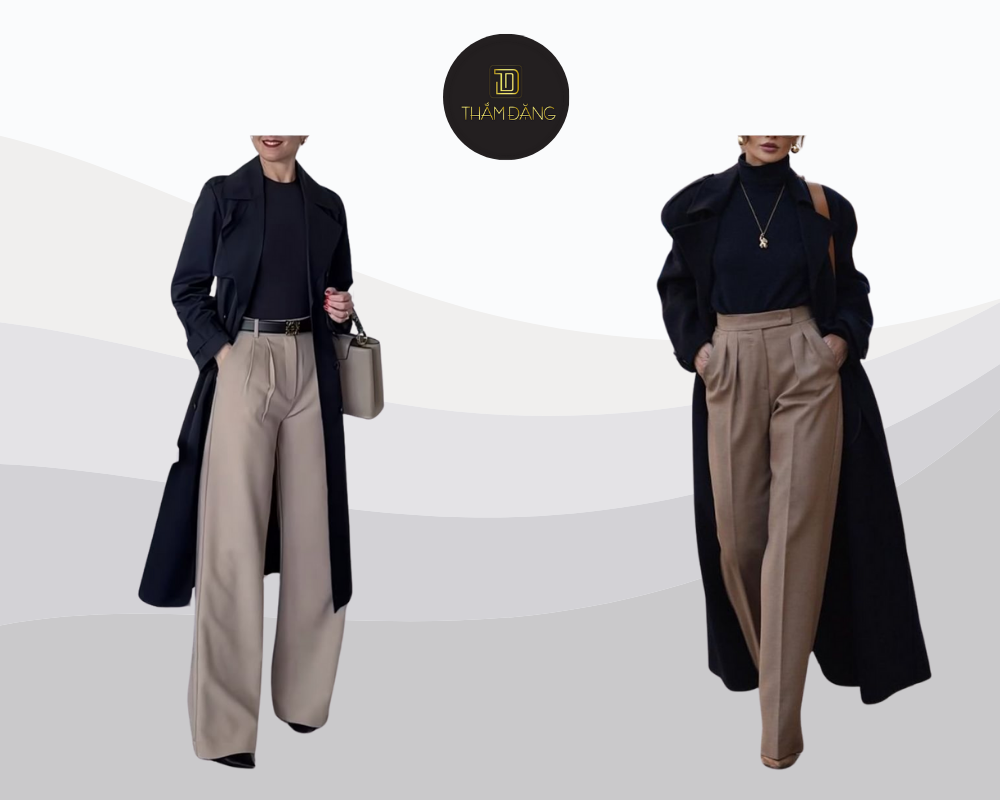 Quần ống rộng màu tan mix áo len đen và áo khoác đồng màu tạo nên outfit thanh lịch thời thượng cho ngày se lạnh.