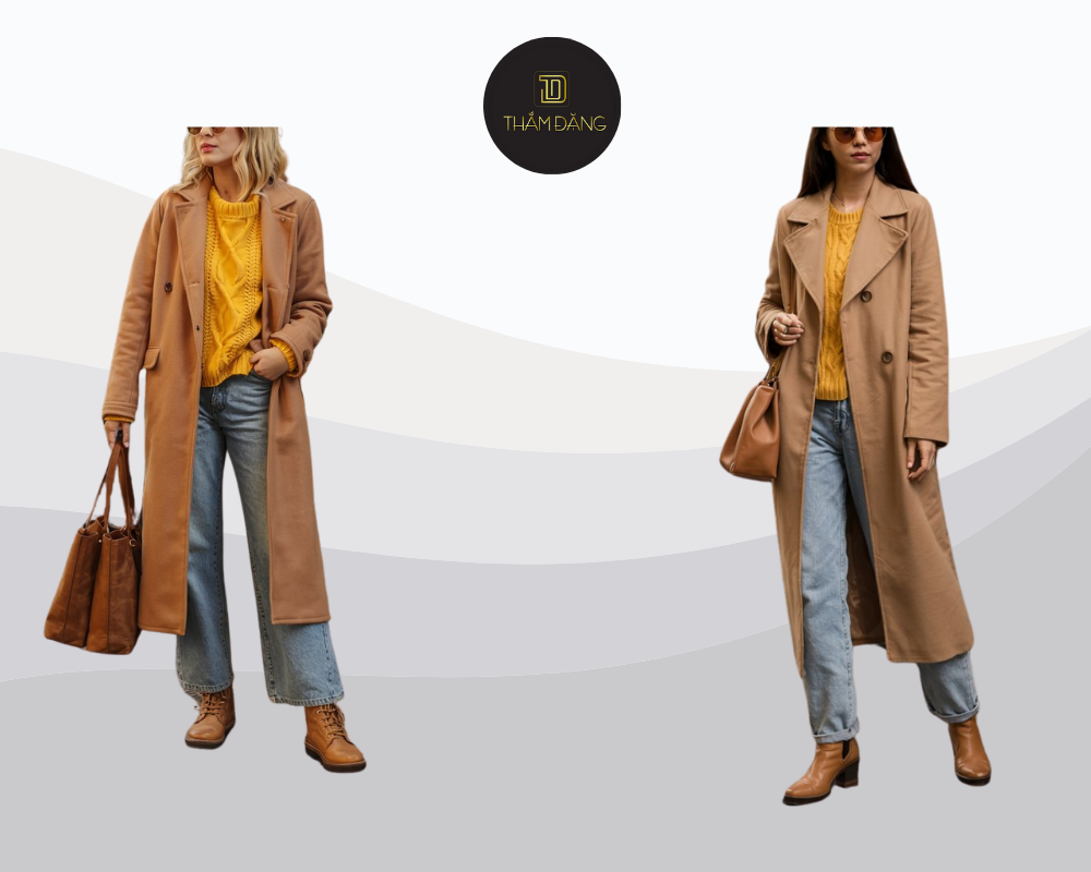 Áo khoác dạ màu tan kết hợp áo len vàng và boots nâu mang đến outfit thu đông ấm áp nổi bật và đầy cuốn hút.