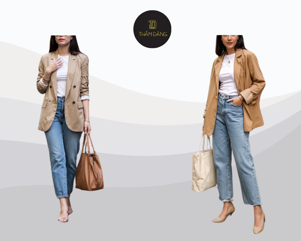 Blazer màu tan mix áo thun trắng và jeans xanh tạo nên outfit smart-casual trẻ trung năng động mà vẫn thanh lịch.