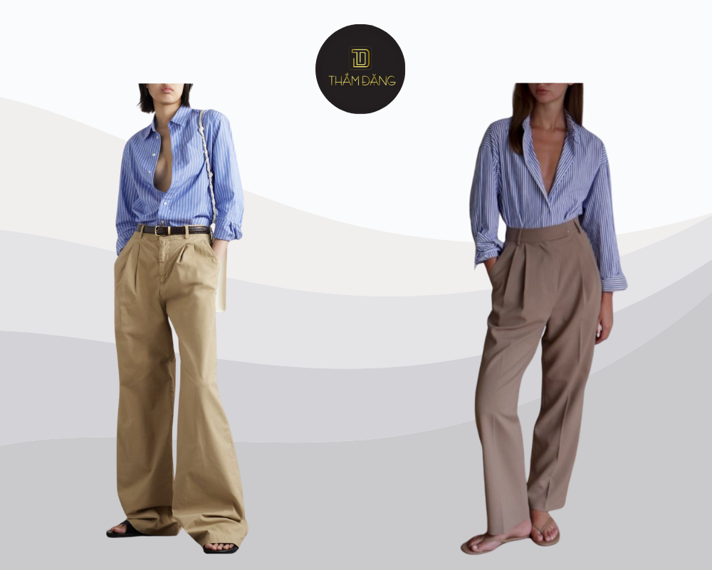 Sơ mi kẻ sọc xanh dương mix quần ống rộng màu tan mang đến diện mạo năng động trẻ trung và đầy cuốn hút.