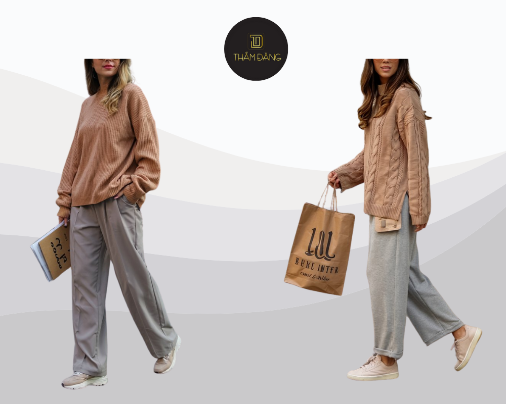 Áo len màu tan kết hợp quần xám ghi tạo nên outfit trẻ trung năng động và đầy thanh lịch.