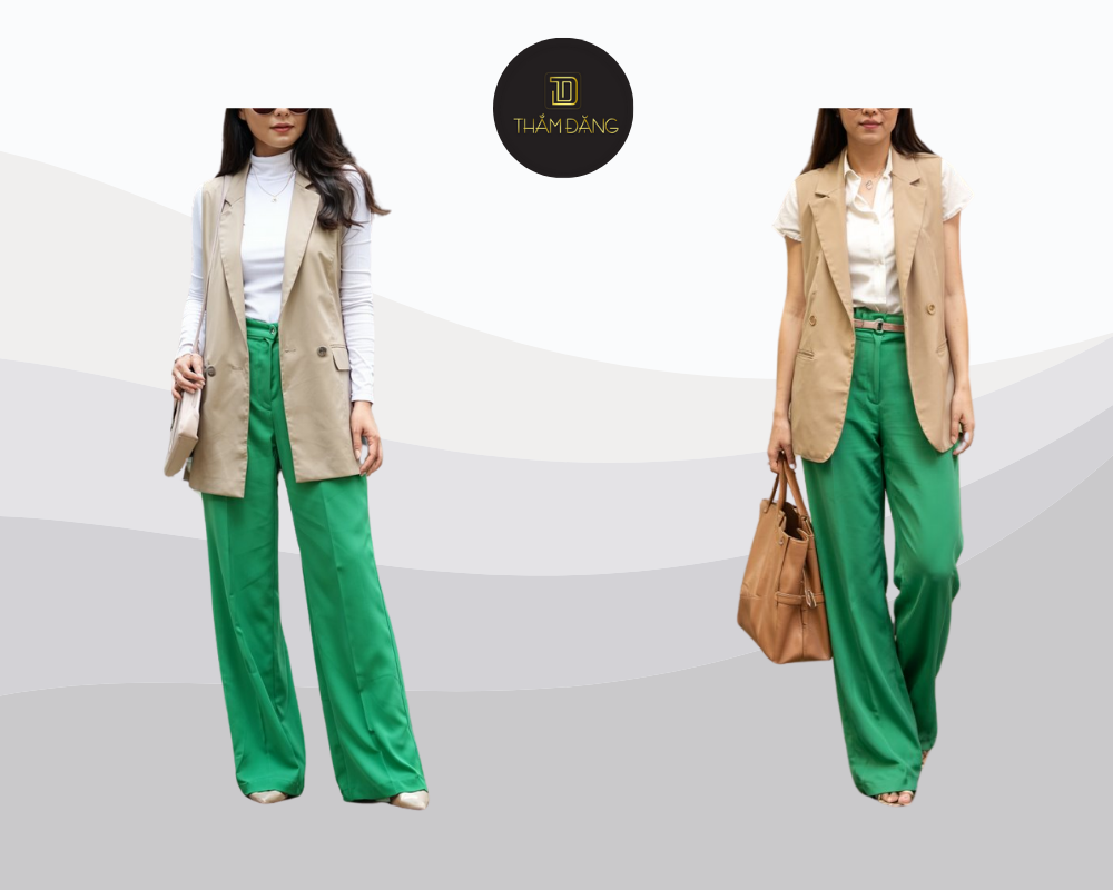 Blazer màu tan phối cùng quần xanh lá mang đến diện mạo thời thượng đầy bản lĩnh và cuốn hút.