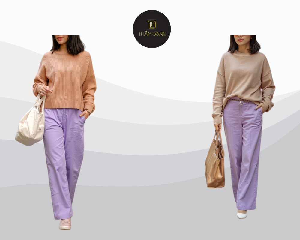 Set đồ áo len màu tan phối quần tím oải hương mang đến vẻ đẹp tinh tế, sang trọng và cá tính cho mọi dịp.