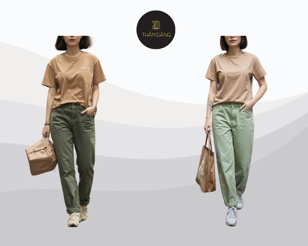 Áo thun màu tan kết hợp quần jeans xanh lá cây tạo nên outfit tươi mới, cá tính và đầy nổi bật.