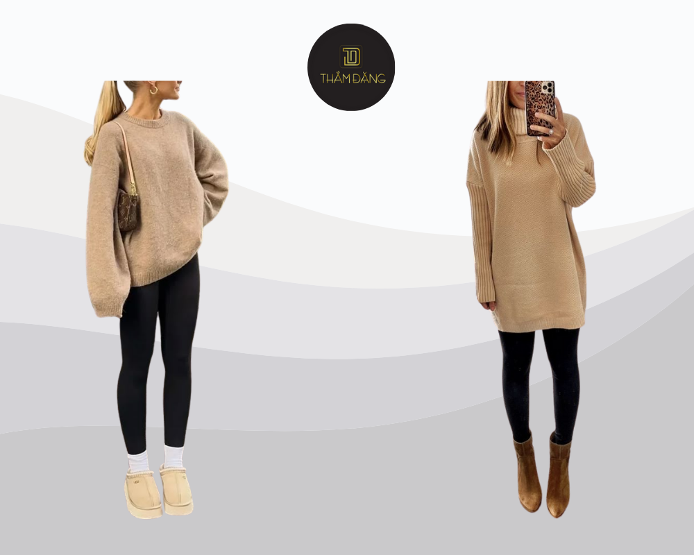 Set áo len màu tan dáng dài phối quần legging đen vừa ấm áp vừa thời trang, lý tưởng cho những ngày se lạnh và phù hợp với các chị em bận rộn.