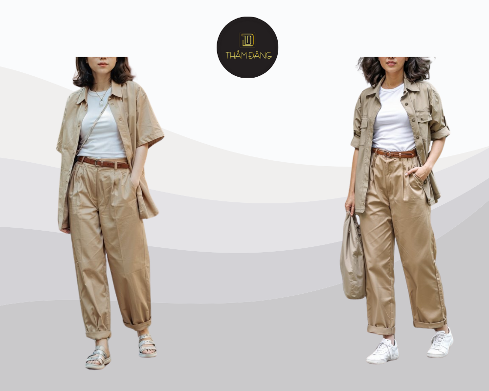 ​​Set đồ nhẹ nhàng với quần kaki màu tan, áo thun trắng và sơ mi be tạo nên vẻ thanh lịch, trẻ trung và dễ phối phụ kiện.