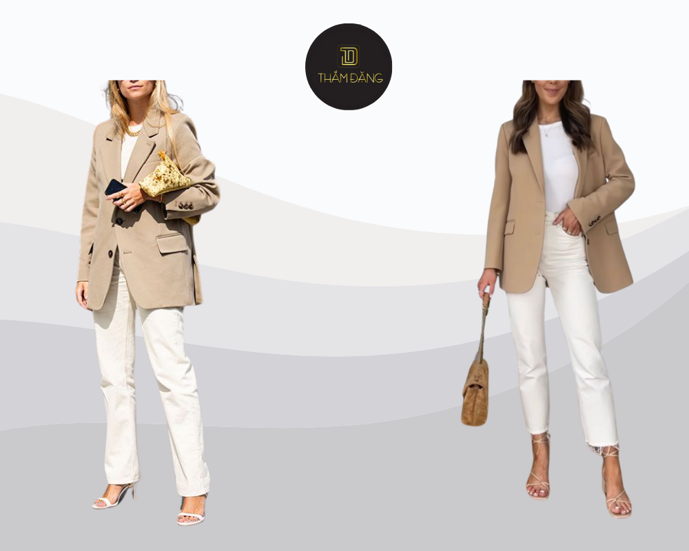 Áo blazer màu tan phối quần tây trắng mang đến phong cách công sở thanh lịch, trẻ trung và chuyên nghiệp.