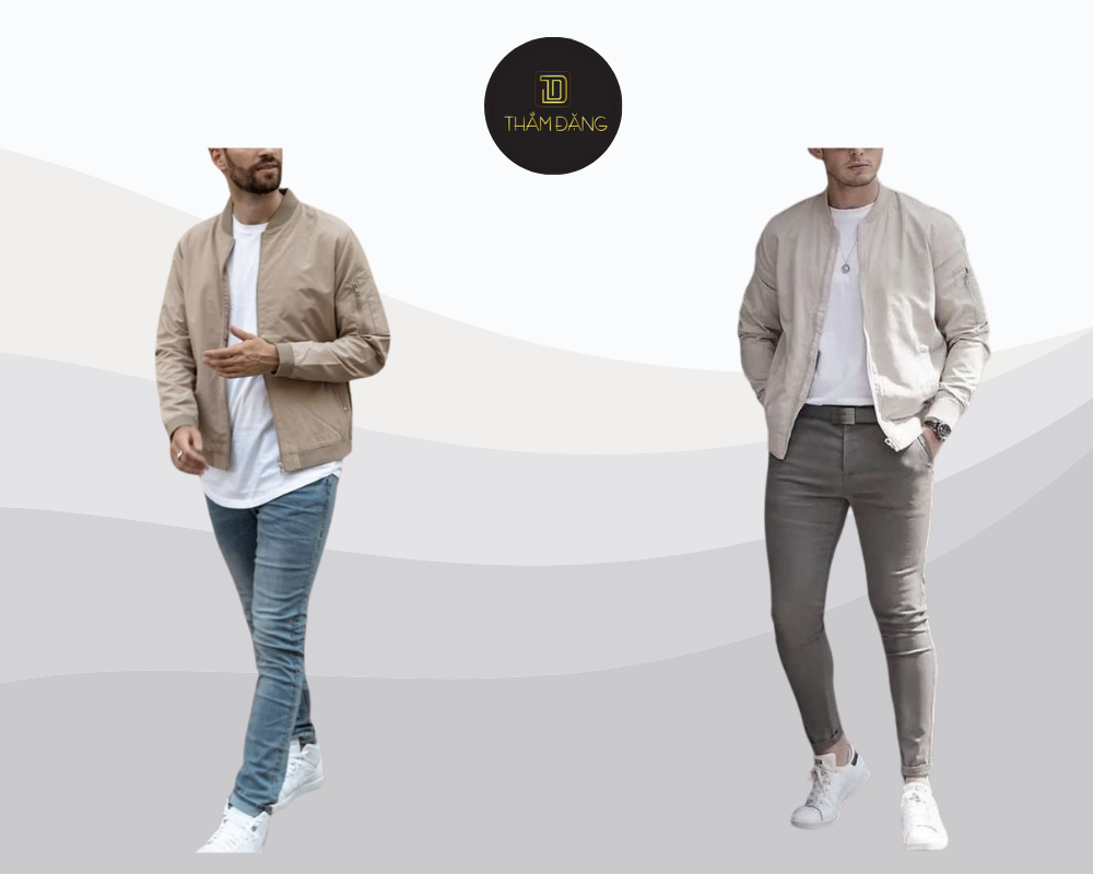 Outfit năng động với áo khoác dù màu tan, áo thun trắng và quần jeans xanh navy, phù hợp cho mọi hoạt động hàng ngày.