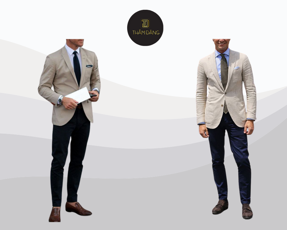 Outfit lịch lãm với blazer màu tan, quần tây xanh navy và sơ mi trắng, hoàn hảo cho môi trường công sở và các dịp trang trọng.