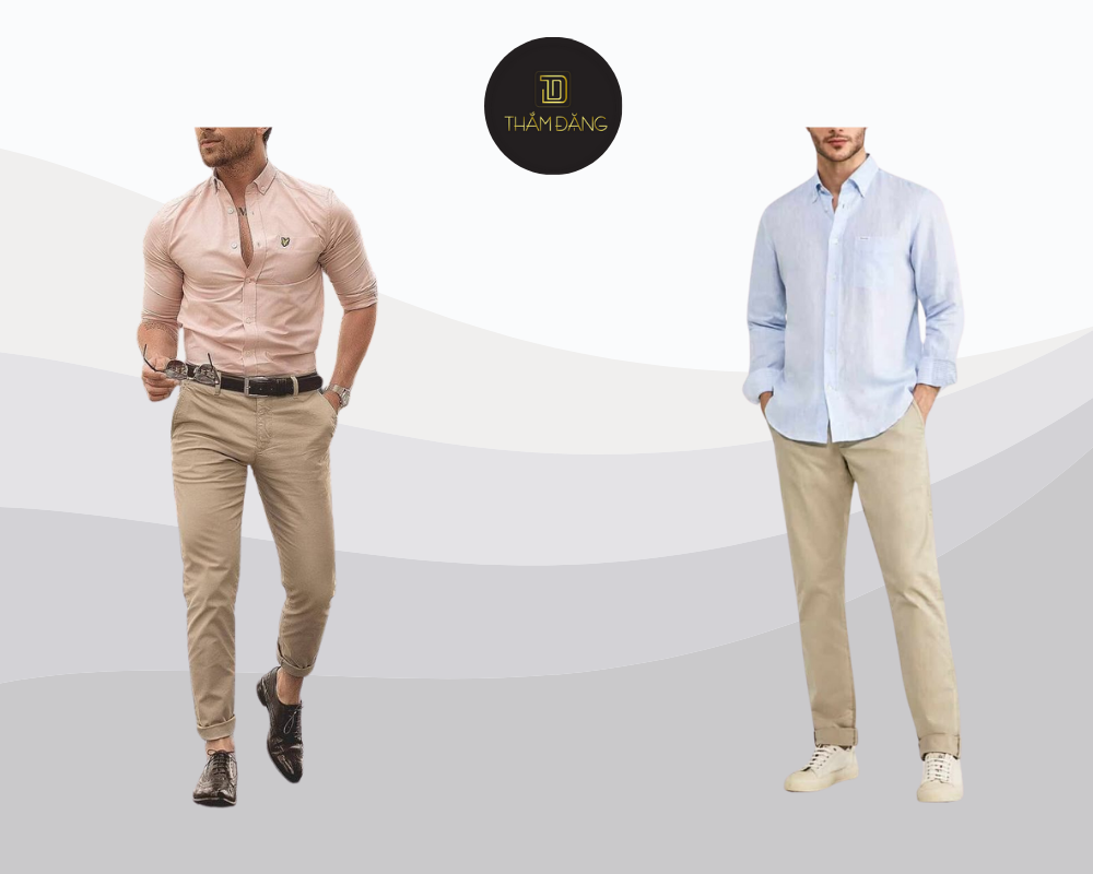 Outfit quần kaki màu tan và áo sơ mi pastel mang đến vẻ ngoài trẻ trung, tinh tế, dễ dàng ứng dụng cho nhiều dịp.