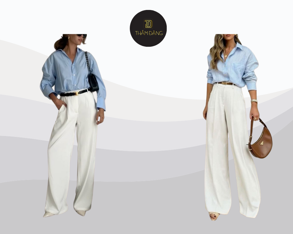 Set áo sơ mi thiên thanh và quần trắng mang đến vẻ ngoài thanh lịch, tươi sáng và đầy tự tin cho ngày làm việc chỉn chu.