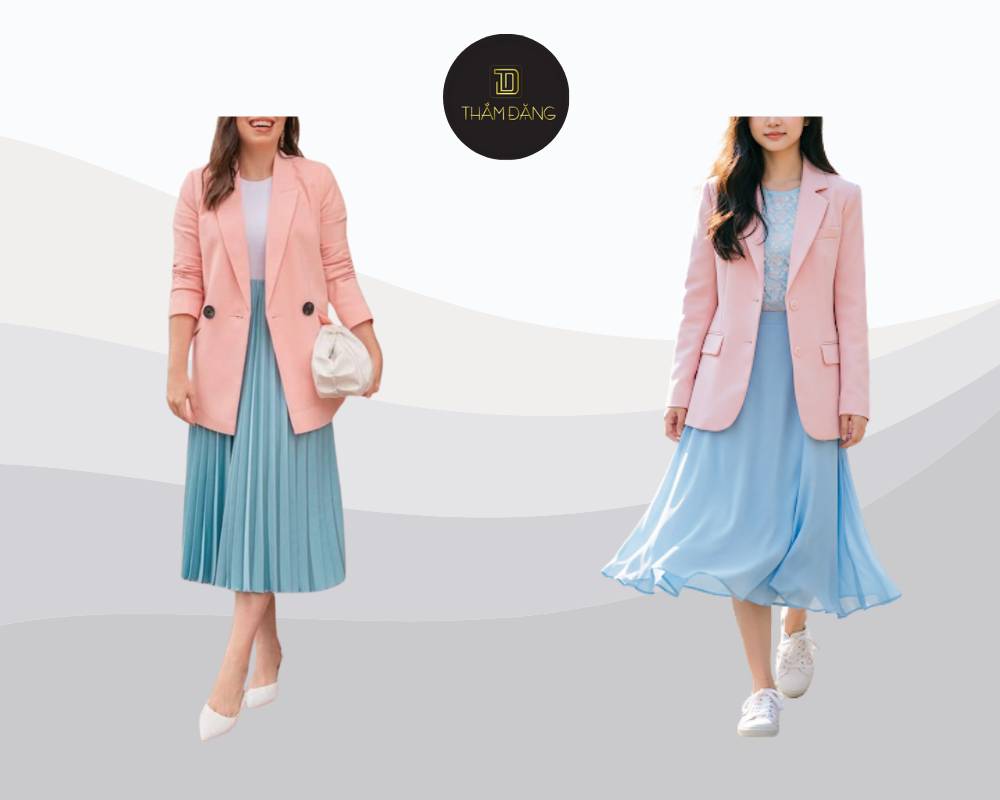Chân váy thiên thanh kết hợp blazer hồng pastel tạo nên outfit ngọt ngào, thanh lịch và đầy nét hiện đại cho nàng công sở.