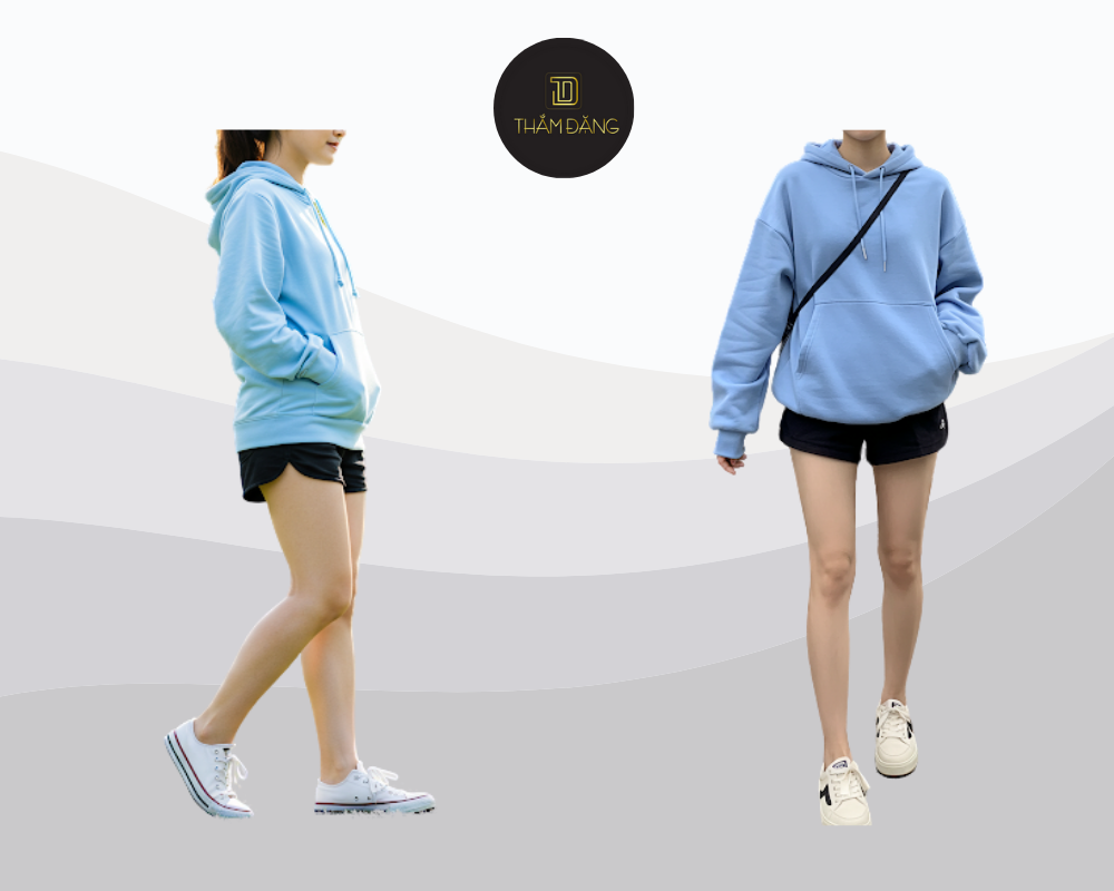 Hoodie thiên thanh phối short đen là lựa chọn street style năng động, cá tính và luôn bắt kịp xu hướng.