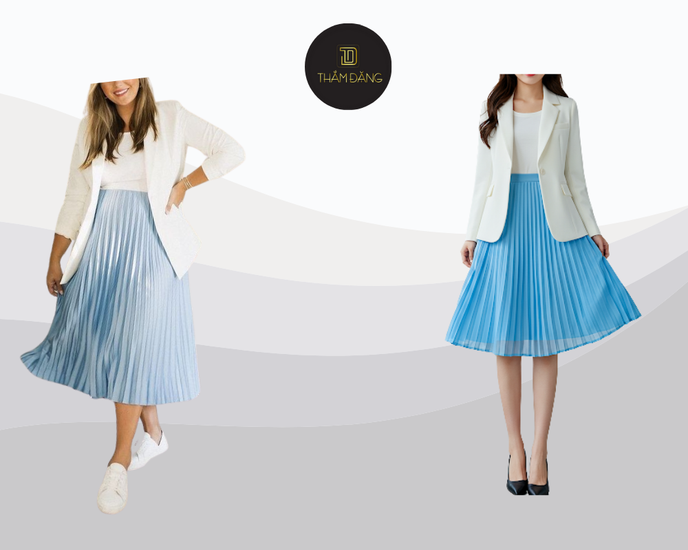 Chân váy xếp ly thiên thanh phối blazer trắng tạo nên outfit thanh lịch, trẻ trung và chuyên nghiệp cho nàng công sở hiện đại.