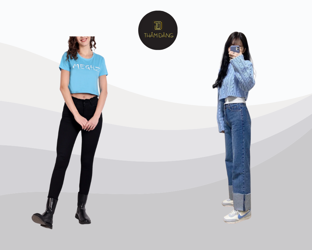 Áo crop top thiên thanh phối quần jeans xanh đậm mang đến vẻ ngoài trẻ trung, cá tính và năng động cho những buổi tụ tập bạn bè.