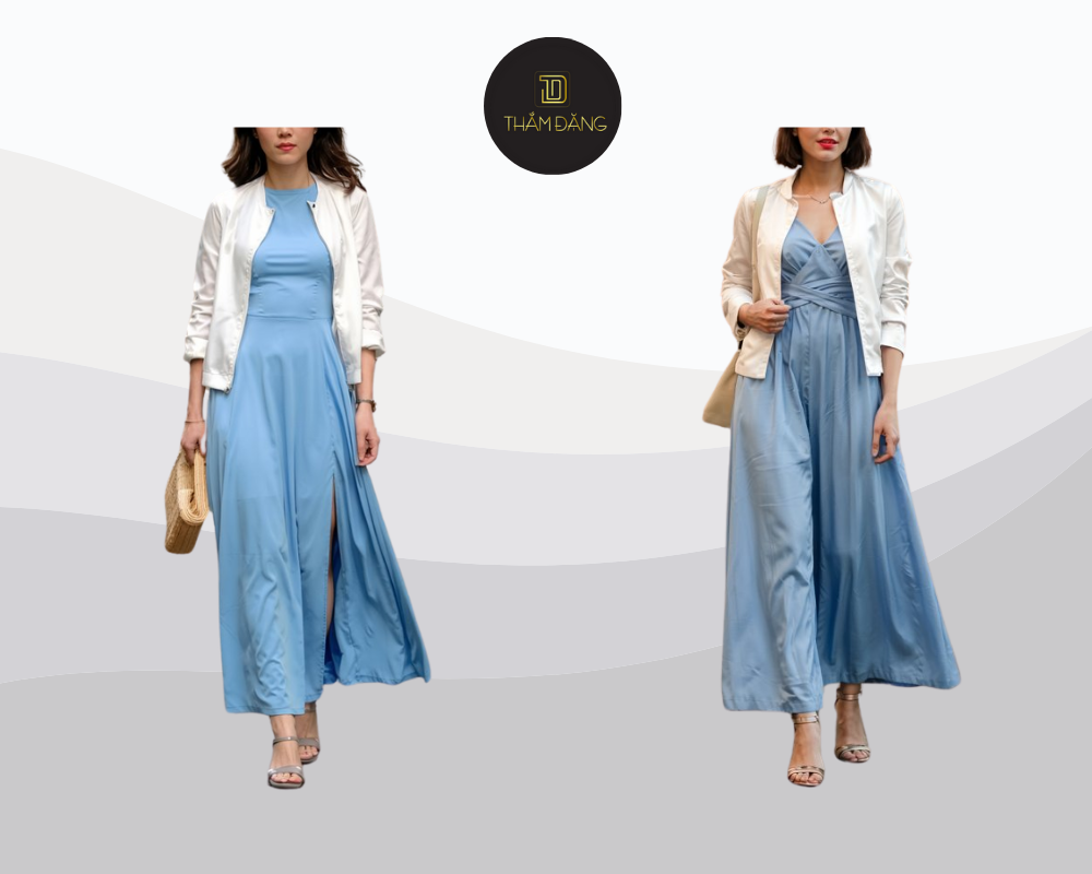 Đầm maxi thiên thanh kết hợp áo khoác trắng mang đến vẻ ngoài nữ tính, lãng mạn và bay bổng cho những chuyến du lịch hay dạo biển mùa hè.