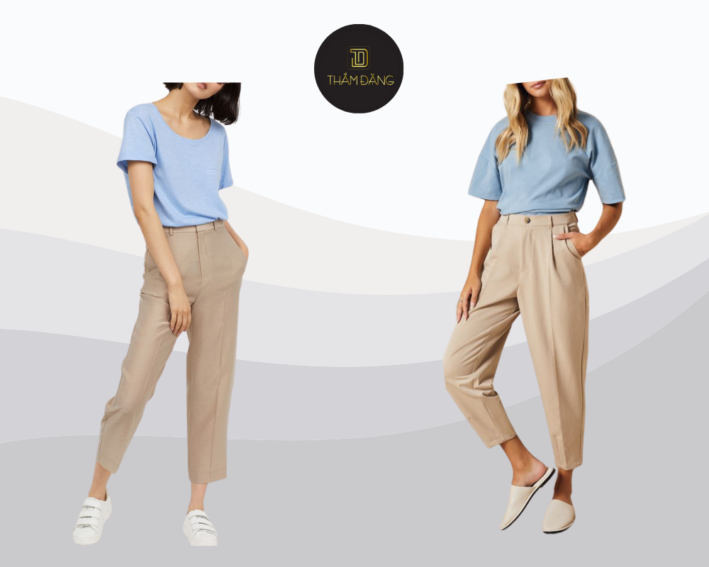 Áo phông thiên thanh phối quần kaki nâu tạo nên outfit tinh tế, cân bằng và phù hợp cho những ngày đi làm hoặc dạo phố cuối tuần.