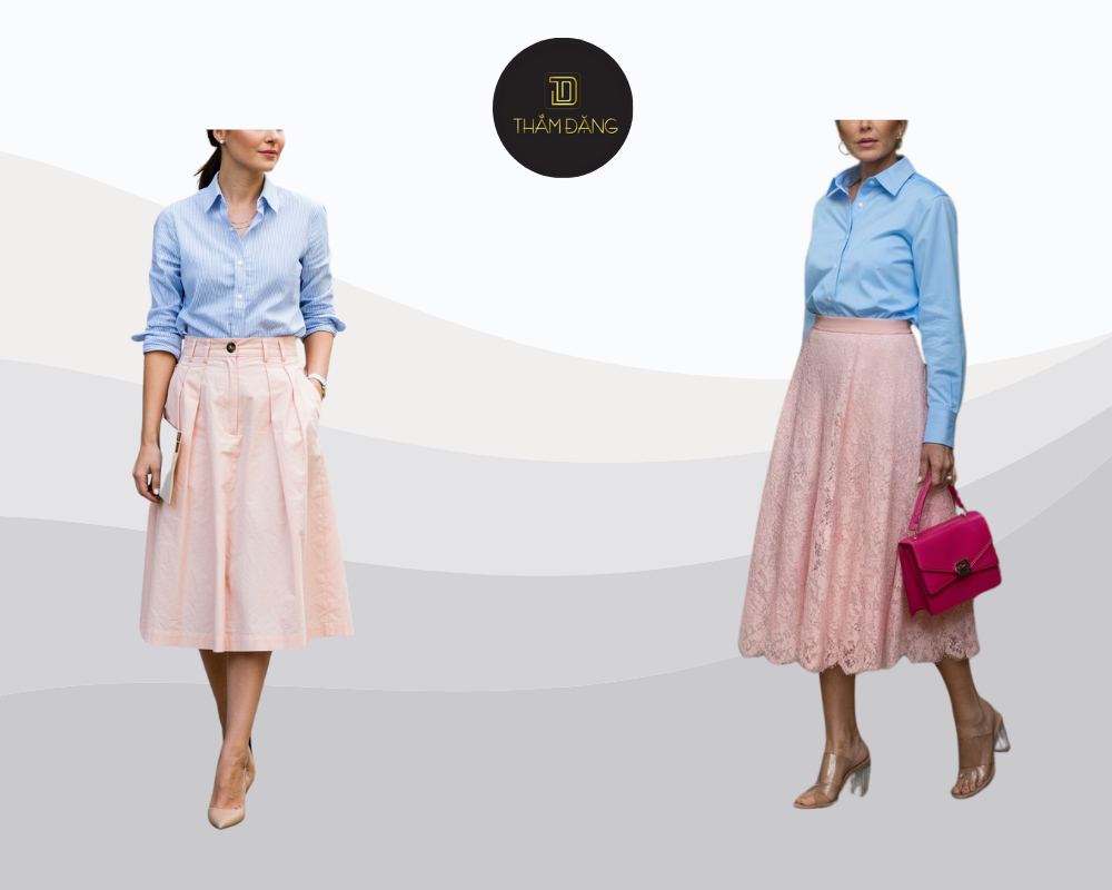 ​​Áo sơ mi thiên thanh phối chân váy hồng nhạt tạo nên outfit ngọt ngào, thanh lịch và chuyên nghiệp cho nàng công sở.