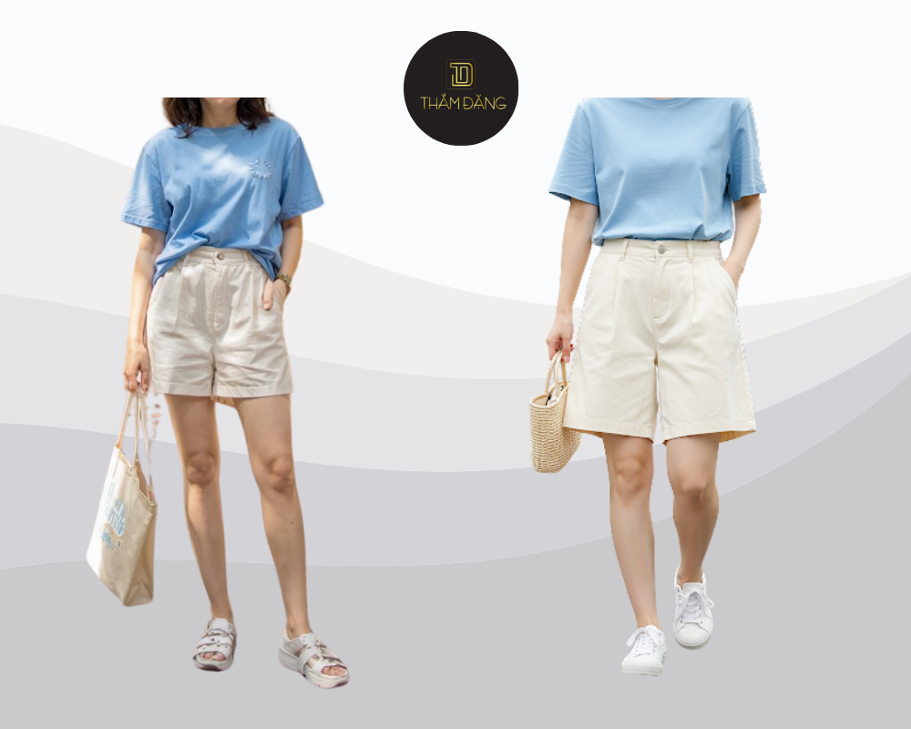 Áo thun thiên thanh kết hợp quần short trắng kem mang đến vẻ ngoài trẻ trung, năng động và thoải mái cho những ngày hè dạo phố.
