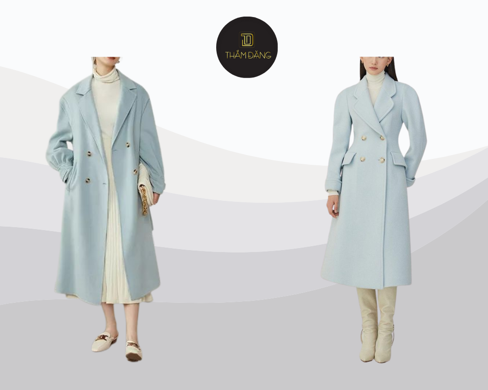 Áo khoác măng tô thiên thanh phối đầm trắng tạo nên outfit sang trọng, tinh tế và đầy ấn tượng cho mùa thu đông.